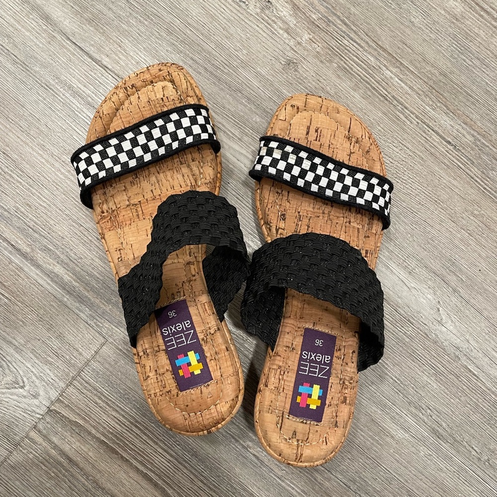 Zee Alexis cork style wedges with black and checkered straps - Size 36